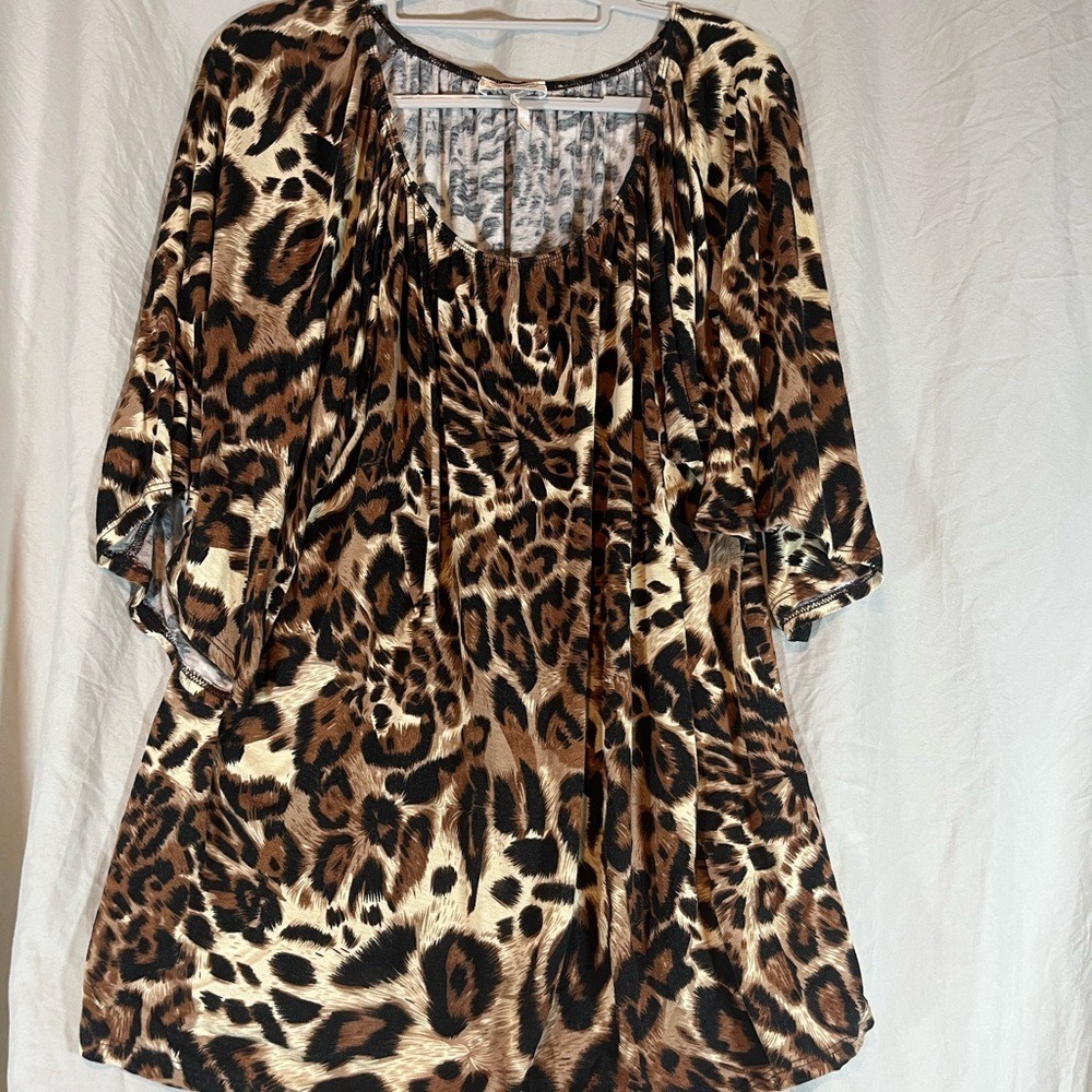 The‎ ZigZag Stripe Womens Leopard Print Short Sleeve Tunic Blouse Brown XL
